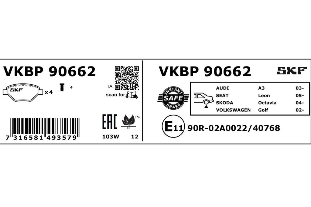 Jogo de 4 pastilhas de travão SKF ref. VKBP 90662